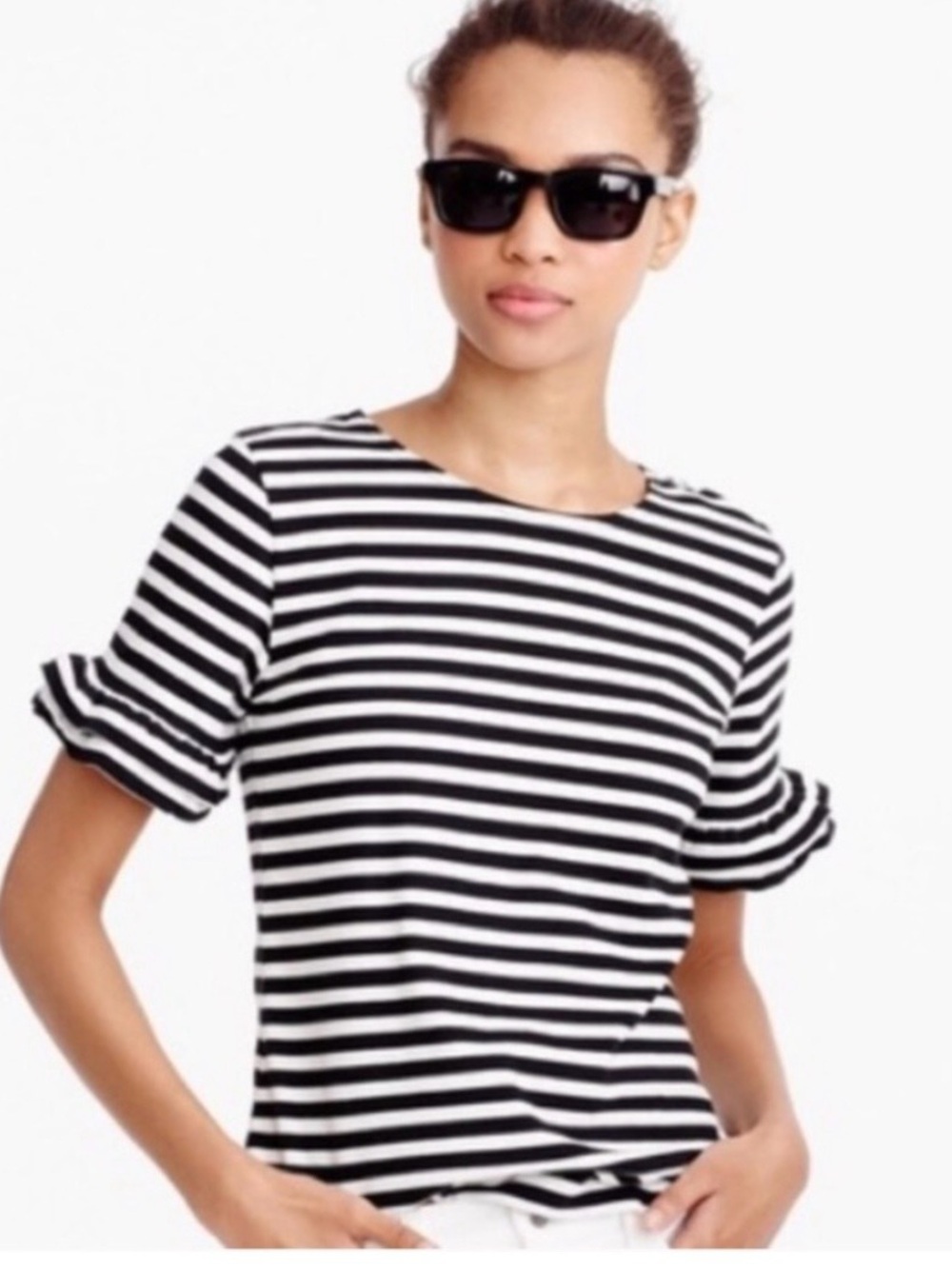 J. Crew blue & White Striped Short Sleeve Ruffle-Sleeve Tee
